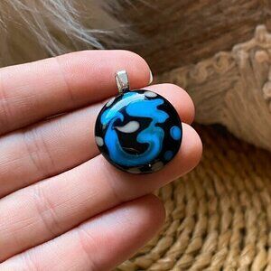 Borosilicate Boro Handmade Lampwork Glass Round Blue Pendant Iridescent